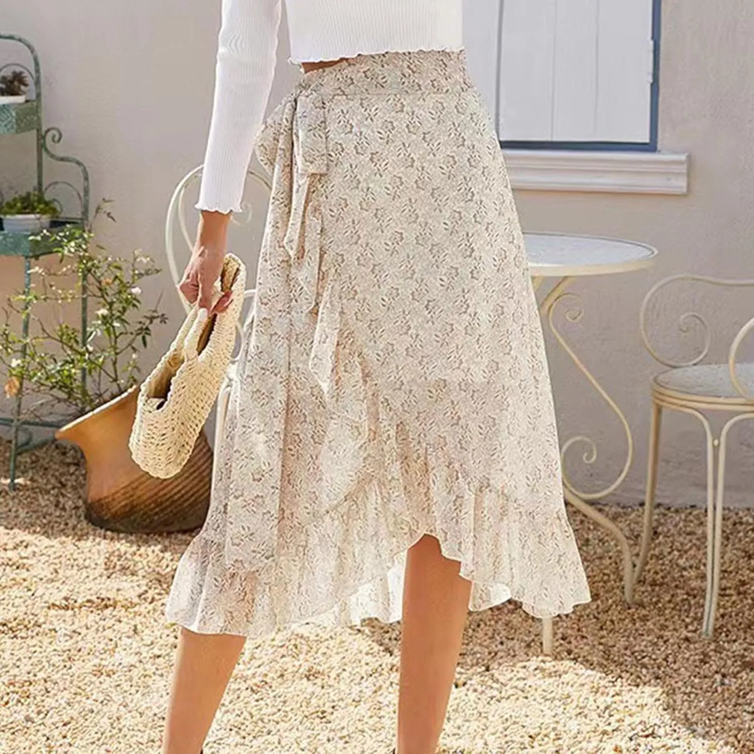 Women's Boho Floral Print High Waisted Side Wrap Bohemian Asymmetric Skirts Ruffle Hem Chiffon Beach Flowy Midi Skirts