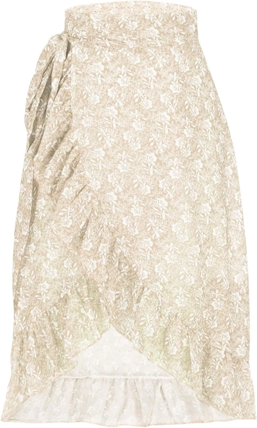 Women's Boho Floral Print High Waisted Side Wrap Bohemian Asymmetric Skirts Ruffle Hem Chiffon Beach Flowy Midi Skirts
