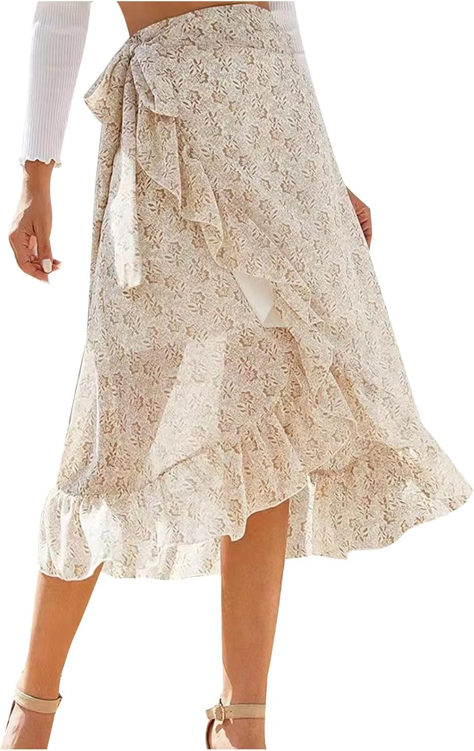 Women's Boho Floral Print High Waisted Side Wrap Bohemian Asymmetric Skirts Ruffle Hem Chiffon Beach Flowy Midi Skirts