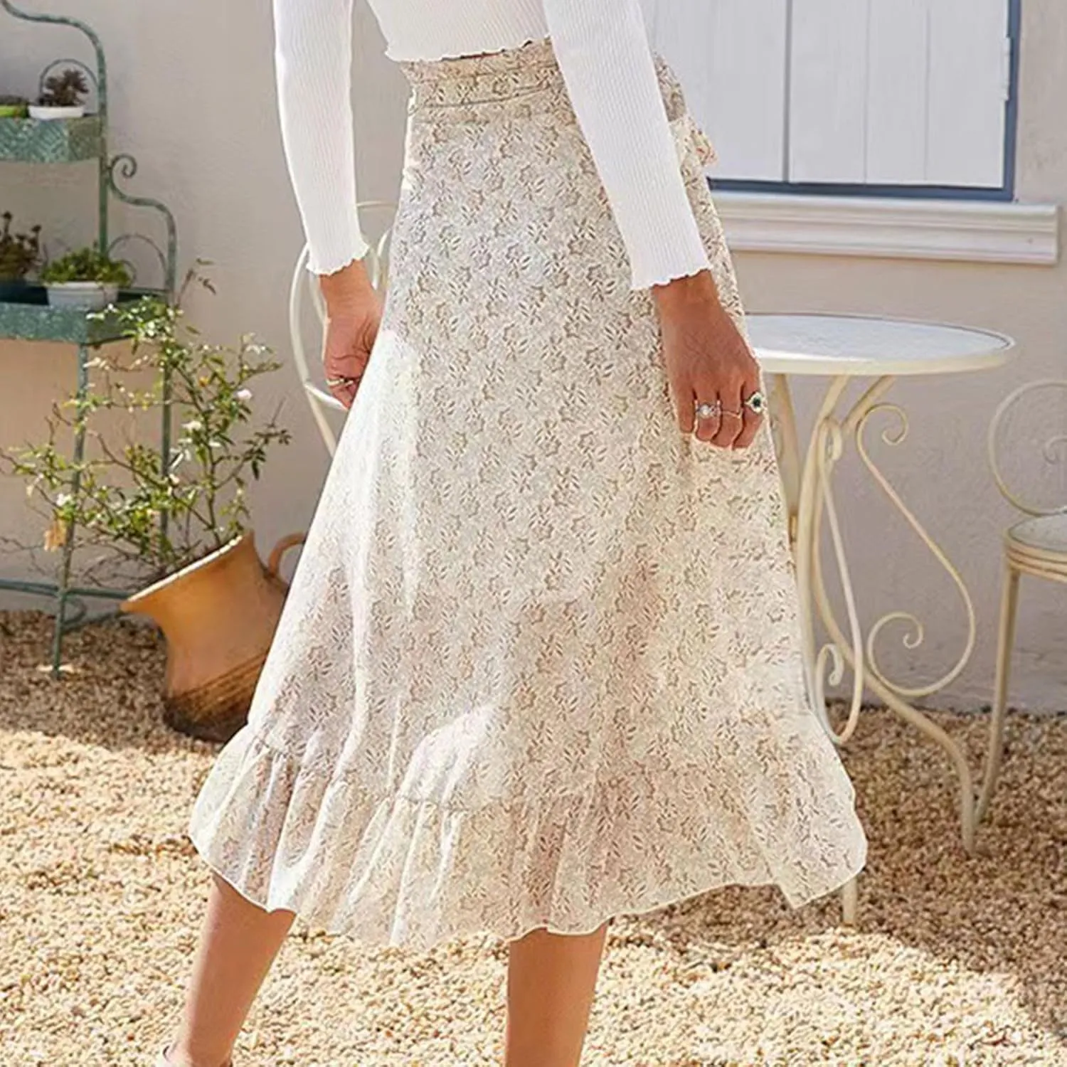 Women's Boho Floral Print High Waisted Side Wrap Bohemian Asymmetric Skirts Ruffle Hem Chiffon Beach Flowy Midi Skirts