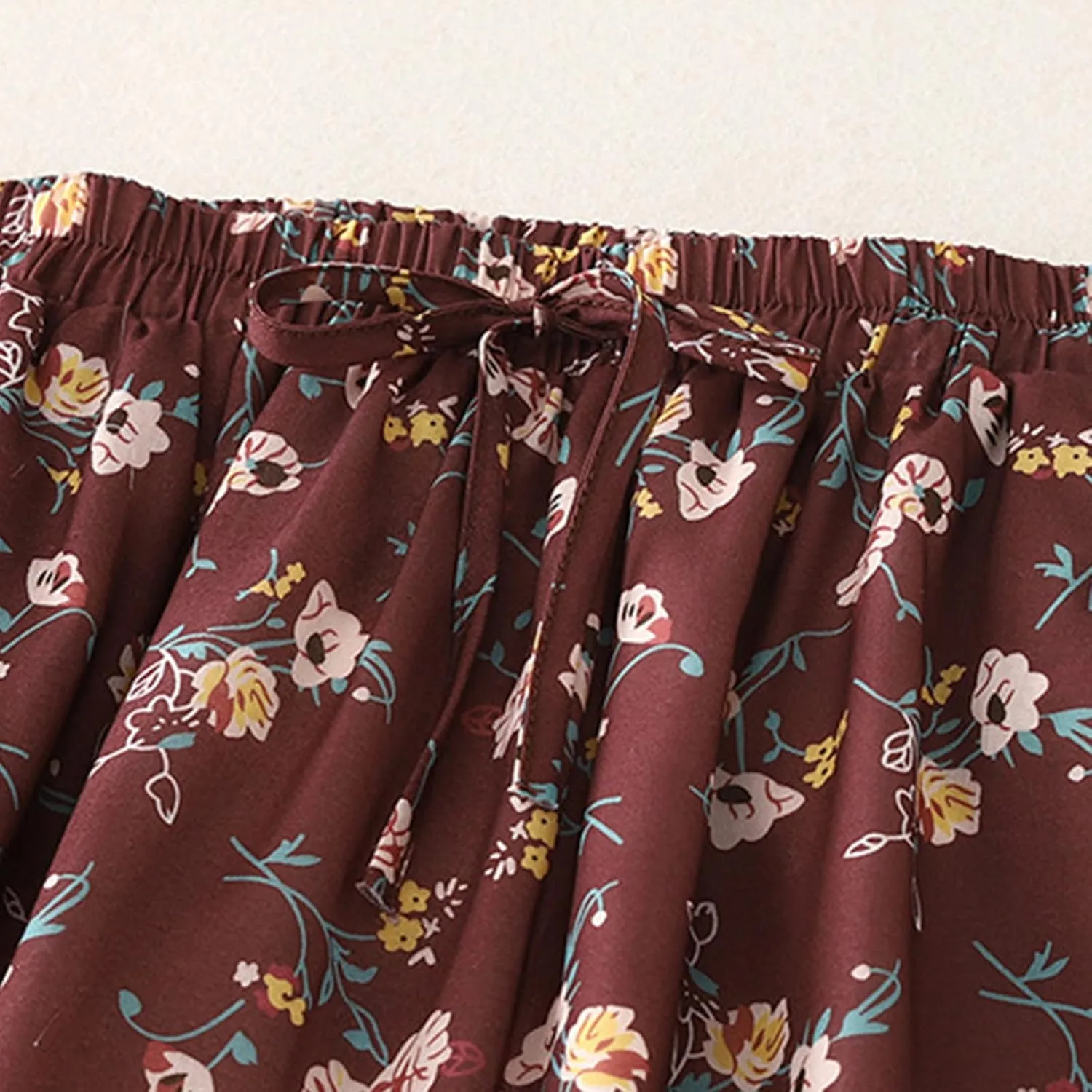 Women's Boho Floral Skirts Casual Soft Drawstring Elastic High Waisted Skirt Trendy Pleated Midi Skirts with Pockets