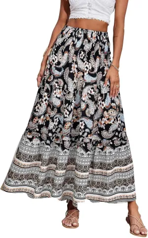 Womens Boho Maxi Skirt 2025 Summer Floral Print Flowy Long Skirts Trendy Smocked High Waisted Tiered Maxi Skirts