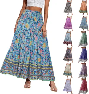 Womens Boho Maxi Skirt 2025 Summer Floral Print Flowy Long Skirts Trendy Smocked High Waisted Tiered Maxi Skirts