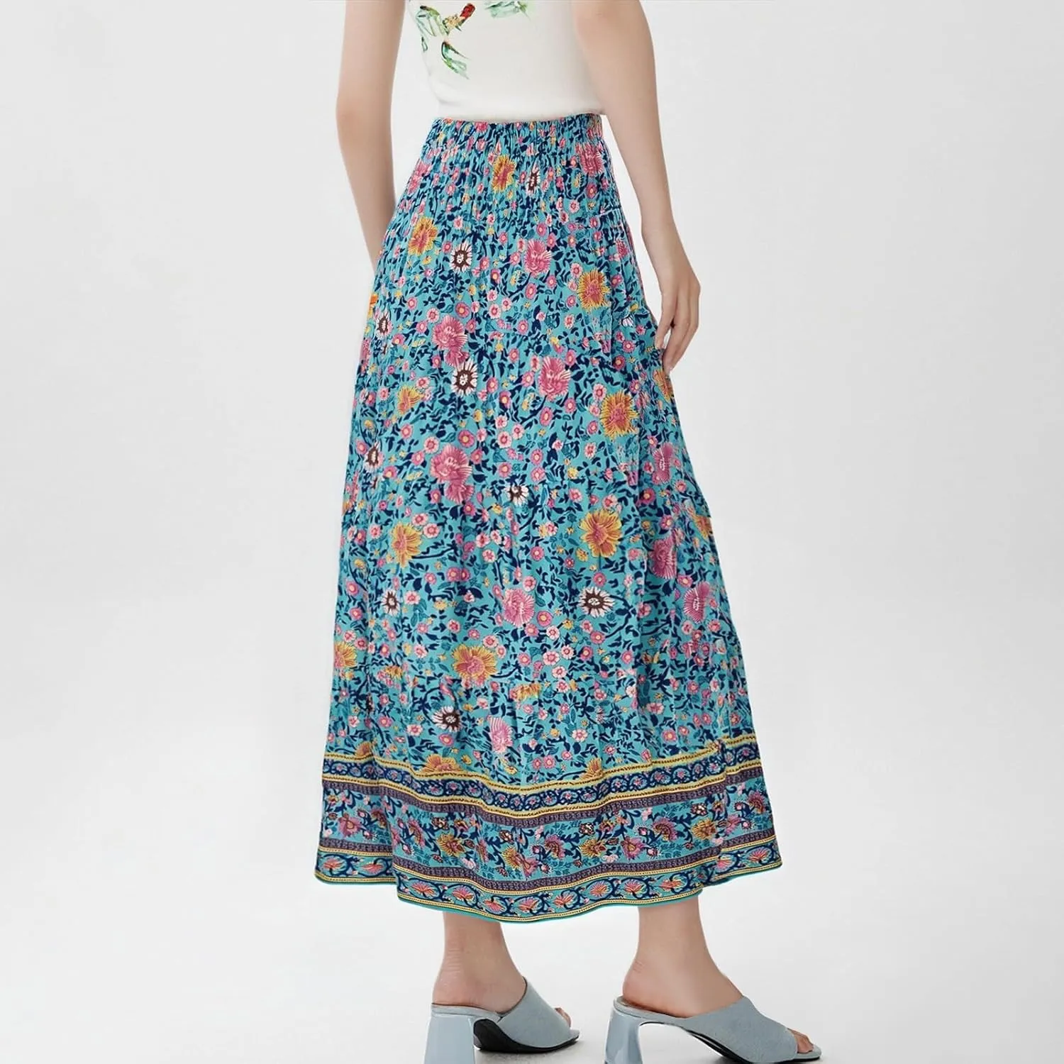 Womens Boho Maxi Skirt 2025 Summer Floral Print Flowy Long Skirts Trendy Smocked High Waisted Tiered Maxi Skirts