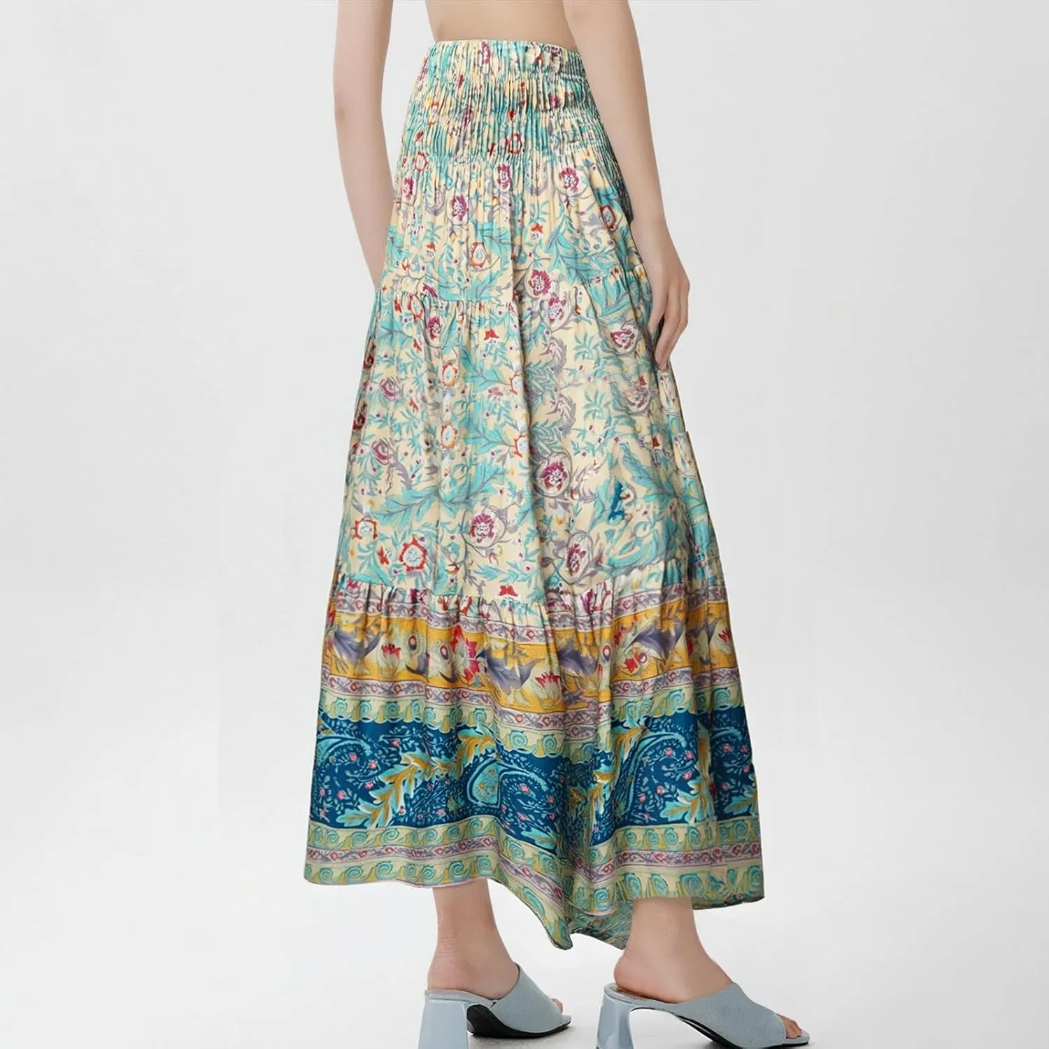 Womens Boho Maxi Skirt 2025 Summer Floral Print Flowy Long Skirts Trendy Smocked High Waisted Tiered Maxi Skirts