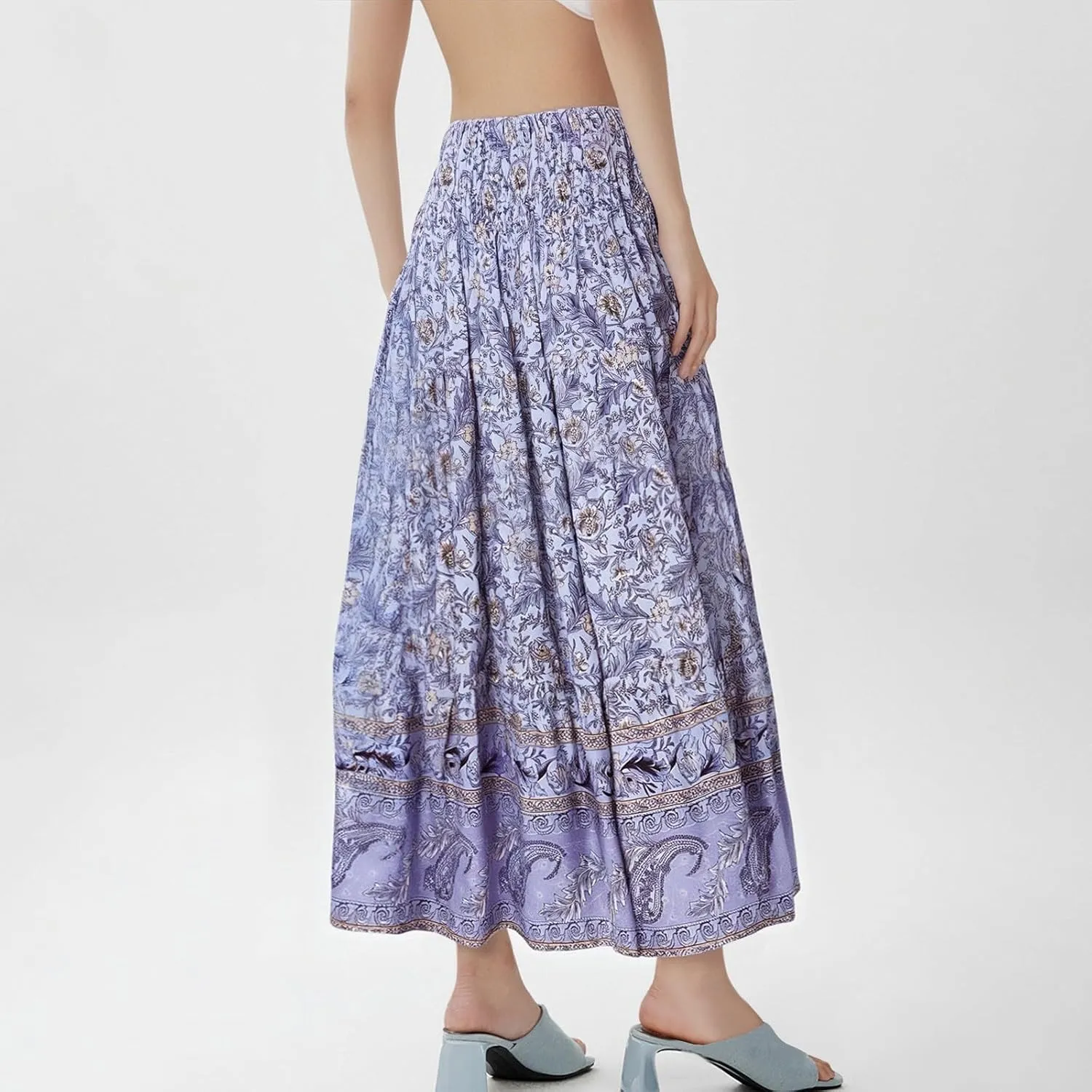 Womens Boho Maxi Skirt 2025 Summer Floral Print Flowy Long Skirts Trendy Smocked High Waisted Tiered Maxi Skirts