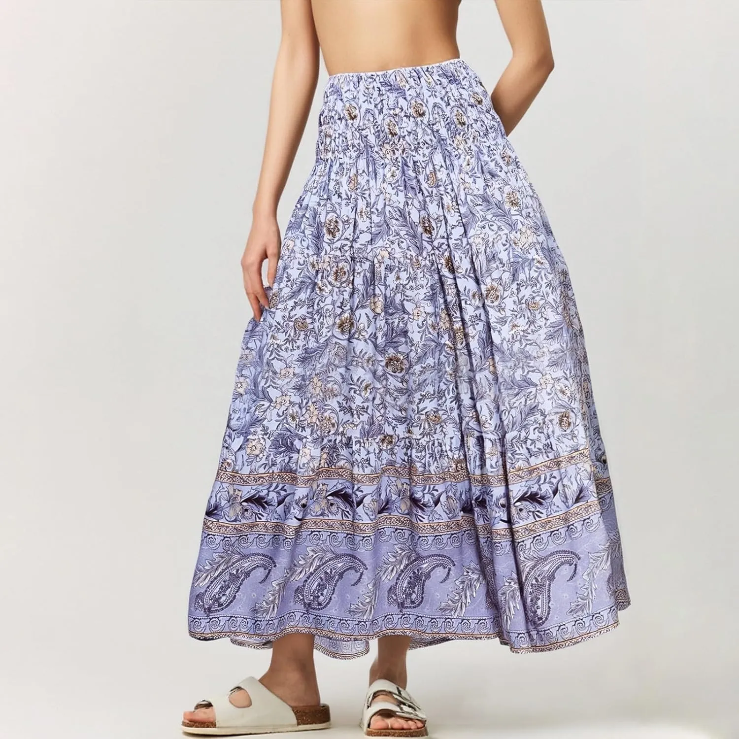 Womens Boho Maxi Skirt 2025 Summer Floral Print Flowy Long Skirts Trendy Smocked High Waisted Tiered Maxi Skirts