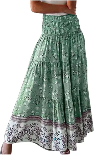 Womens Boho Maxi Skirt 2025 Summer Floral Print Flowy Long Skirts Trendy Smocked High Waisted Tiered Maxi Skirts