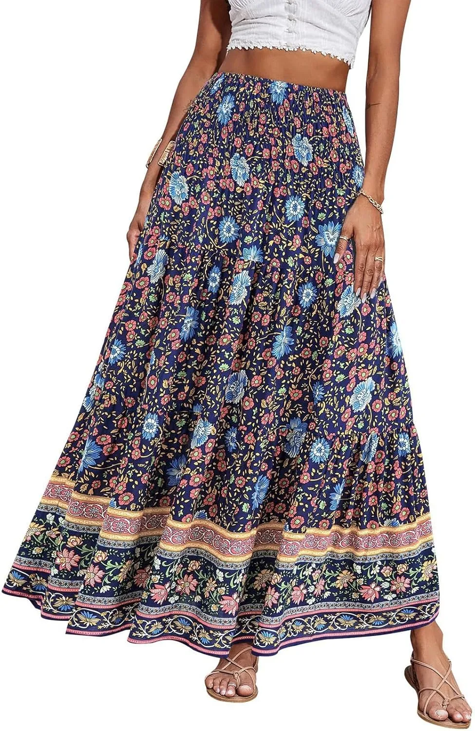 Womens Boho Maxi Skirt 2025 Summer Floral Print Flowy Long Skirts Trendy Smocked High Waisted Tiered Maxi Skirts