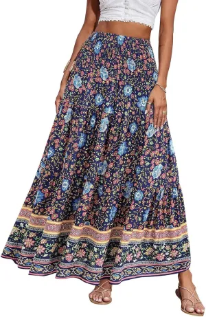 Womens Boho Maxi Skirt 2025 Summer Floral Print Flowy Long Skirts Trendy Smocked High Waisted Tiered Maxi Skirts