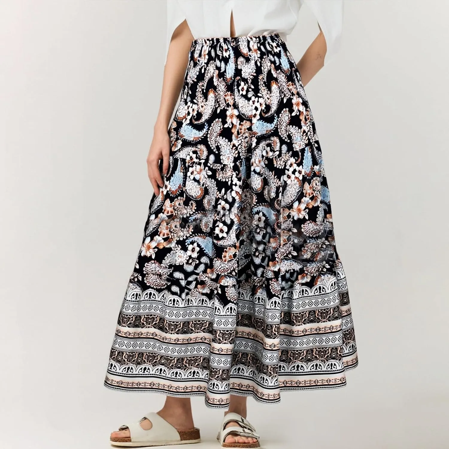 Womens Boho Maxi Skirt 2025 Summer Floral Print Flowy Long Skirts Trendy Smocked High Waisted Tiered Maxi Skirts