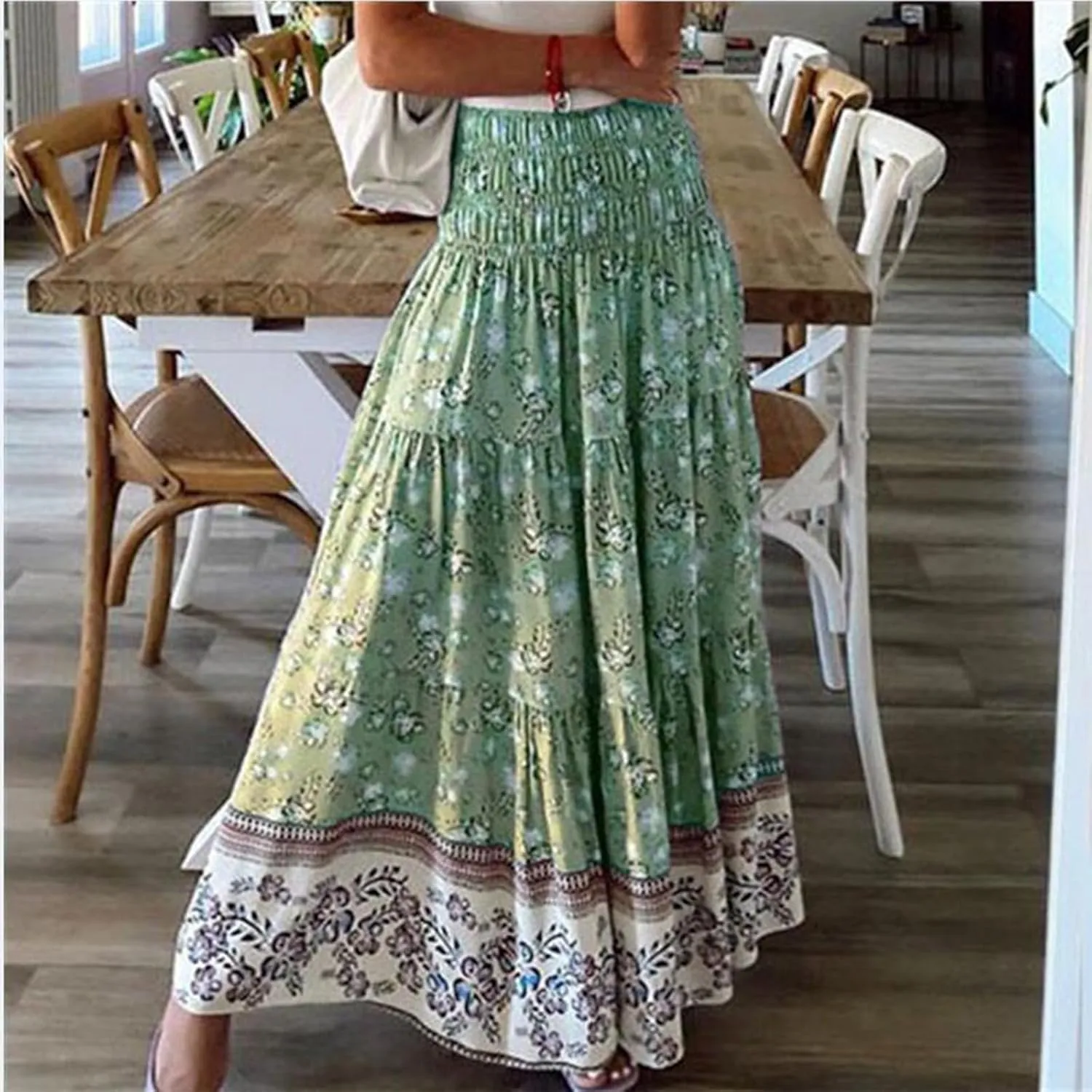 Womens Boho Maxi Skirt 2025 Summer Floral Print Flowy Long Skirts Trendy Smocked High Waisted Tiered Maxi Skirts