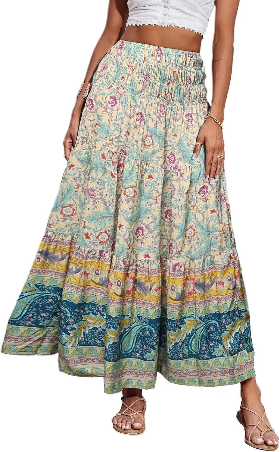 Womens Boho Maxi Skirt 2025 Summer Floral Print Flowy Long Skirts Trendy Smocked High Waisted Tiered Maxi Skirts