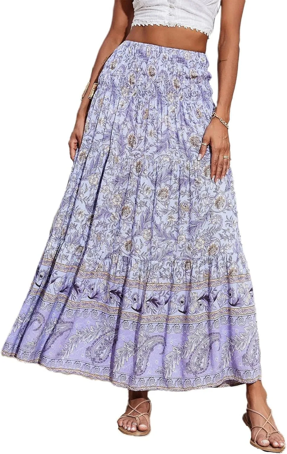 Womens Boho Maxi Skirt 2025 Summer Floral Print Flowy Long Skirts Trendy Smocked High Waisted Tiered Maxi Skirts