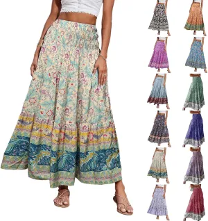 Womens Boho Maxi Skirt 2025 Summer Floral Print Flowy Long Skirts Trendy Smocked High Waisted Tiered Maxi Skirts