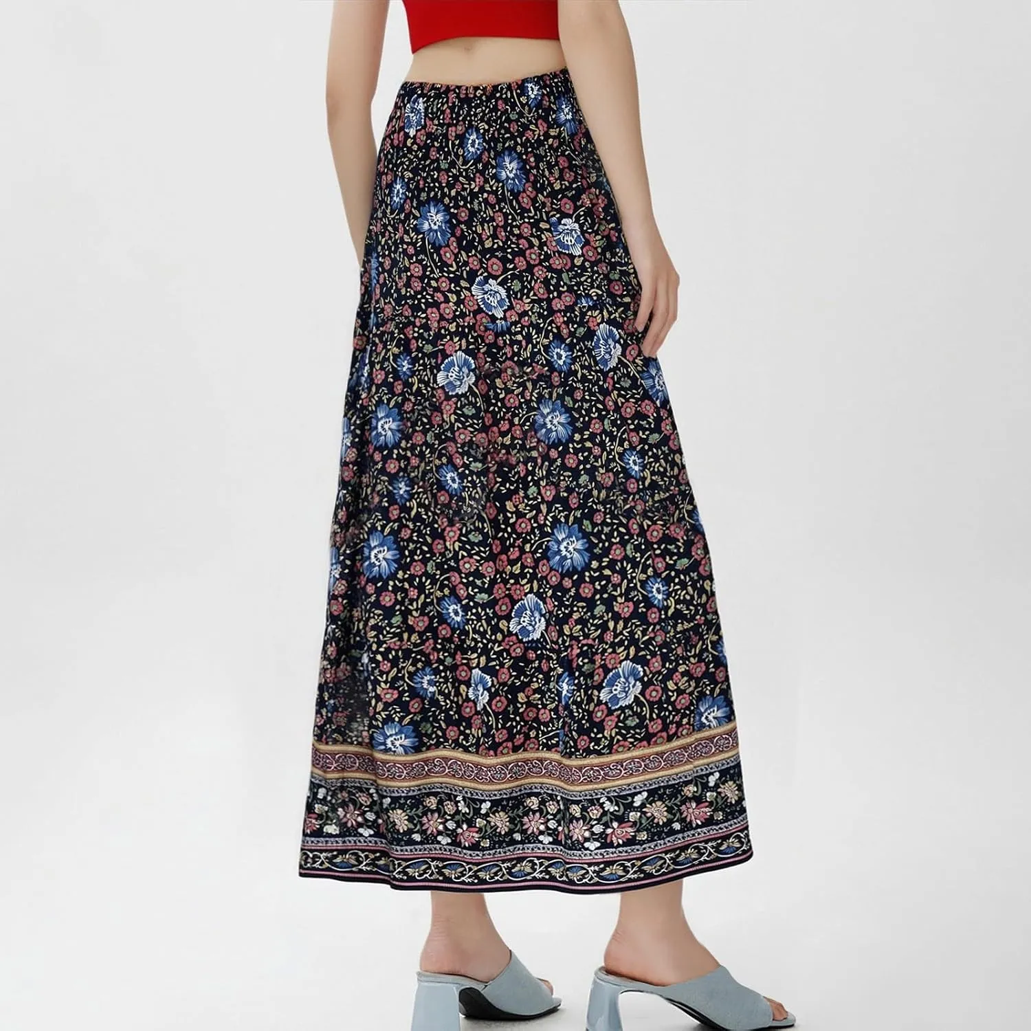 Womens Boho Maxi Skirt 2025 Summer Floral Print Flowy Long Skirts Trendy Smocked High Waisted Tiered Maxi Skirts