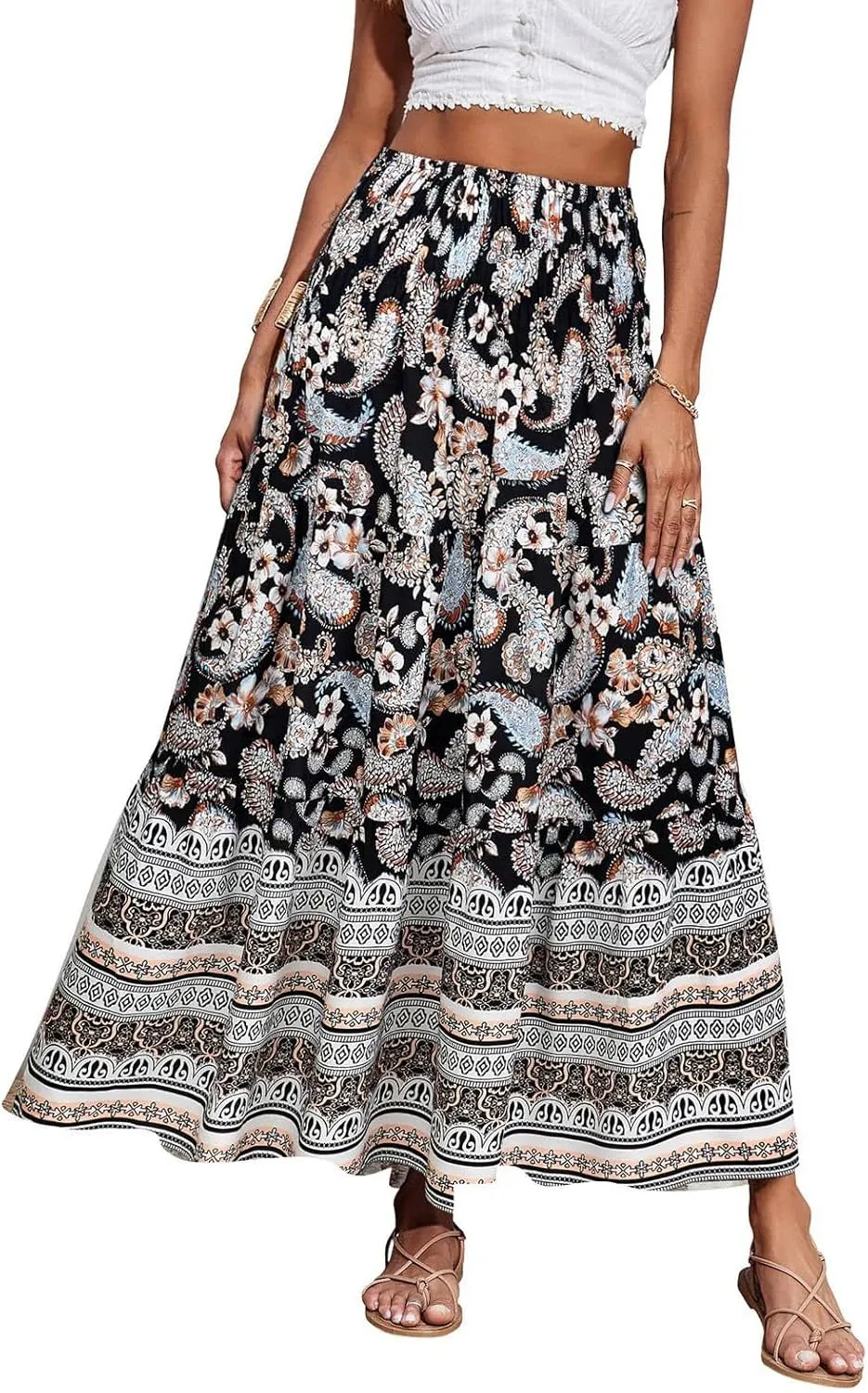 Womens Boho Maxi Skirt 2025 Summer Floral Print Flowy Long Skirts Trendy Smocked High Waisted Tiered Maxi Skirts