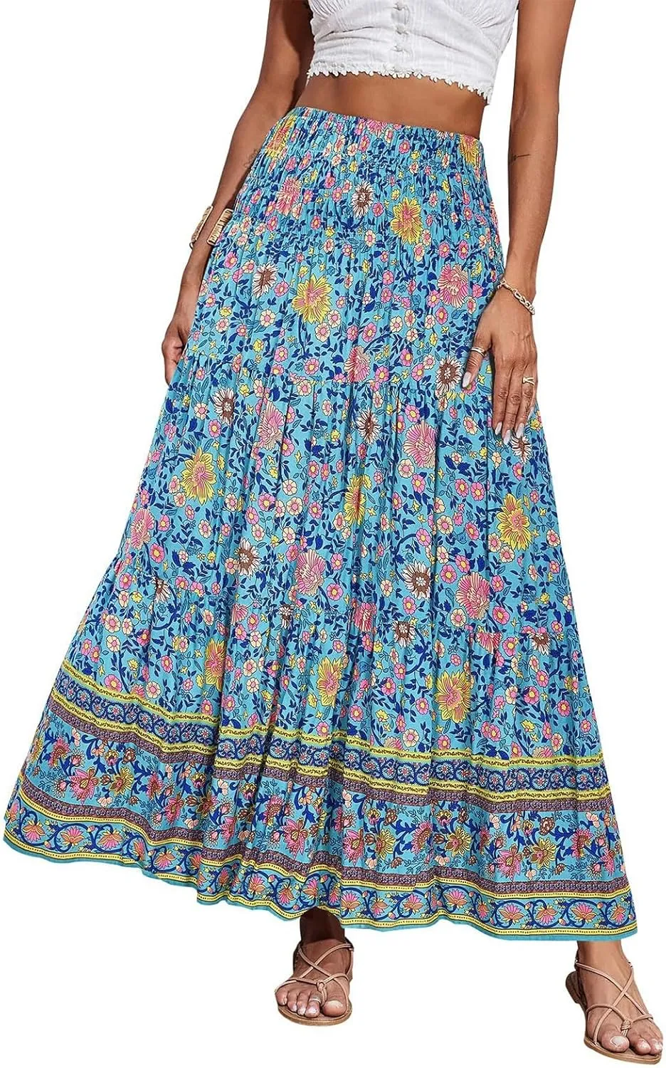 Womens Boho Maxi Skirt 2025 Summer Floral Print Flowy Long Skirts Trendy Smocked High Waisted Tiered Maxi Skirts