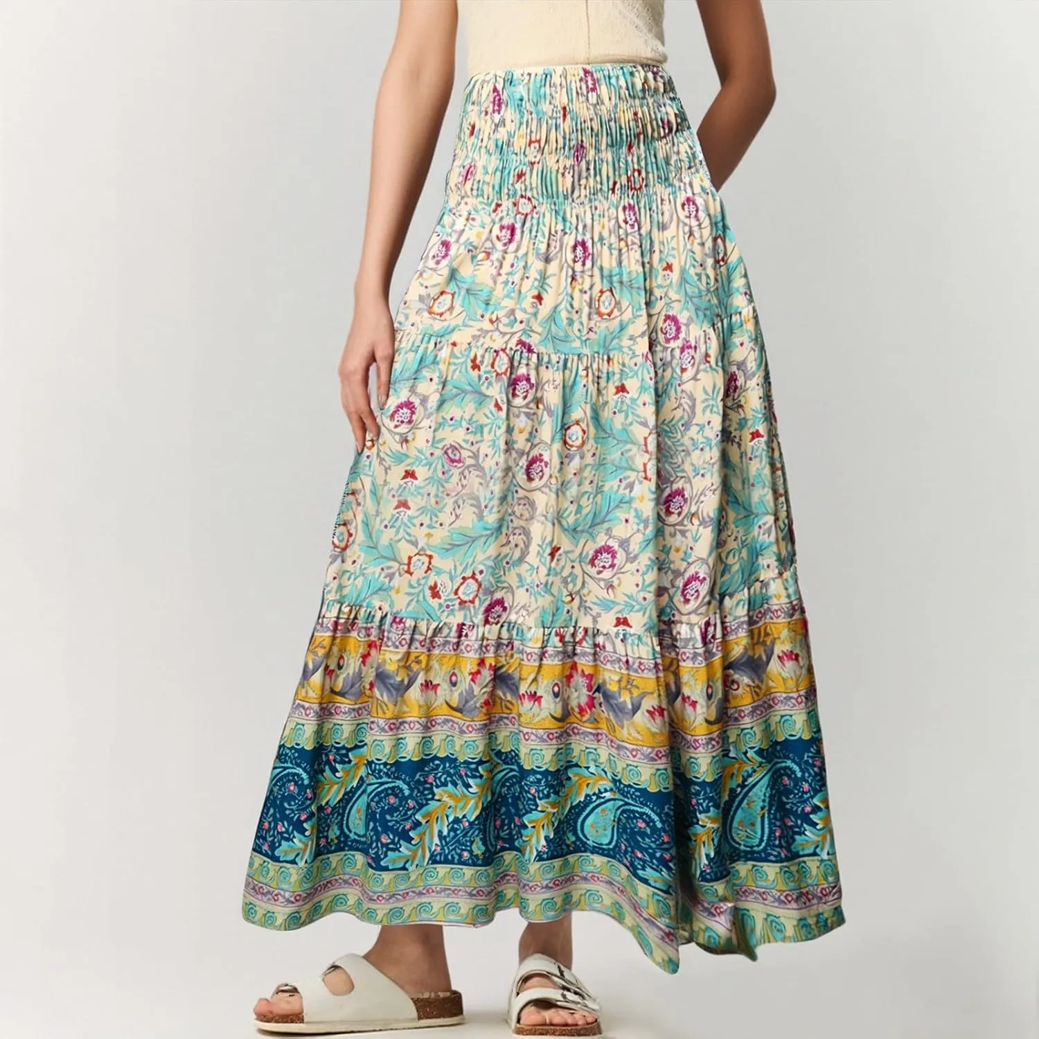 Womens Boho Maxi Skirt 2025 Summer Floral Print Flowy Long Skirts Trendy Smocked High Waisted Tiered Maxi Skirts