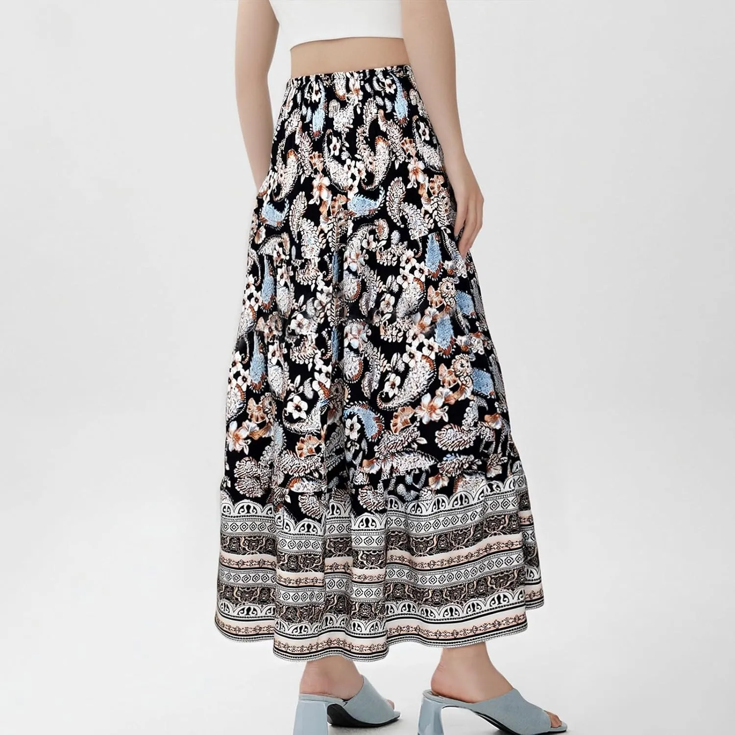 Womens Boho Maxi Skirt 2025 Summer Floral Print Flowy Long Skirts Trendy Smocked High Waisted Tiered Maxi Skirts