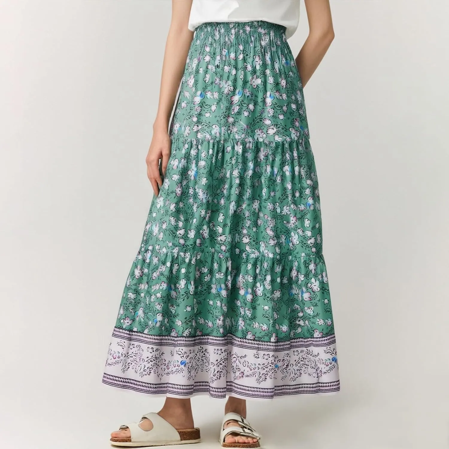 Womens Boho Maxi Skirt 2025 Summer Floral Print Flowy Long Skirts Trendy Smocked High Waisted Tiered Maxi Skirts