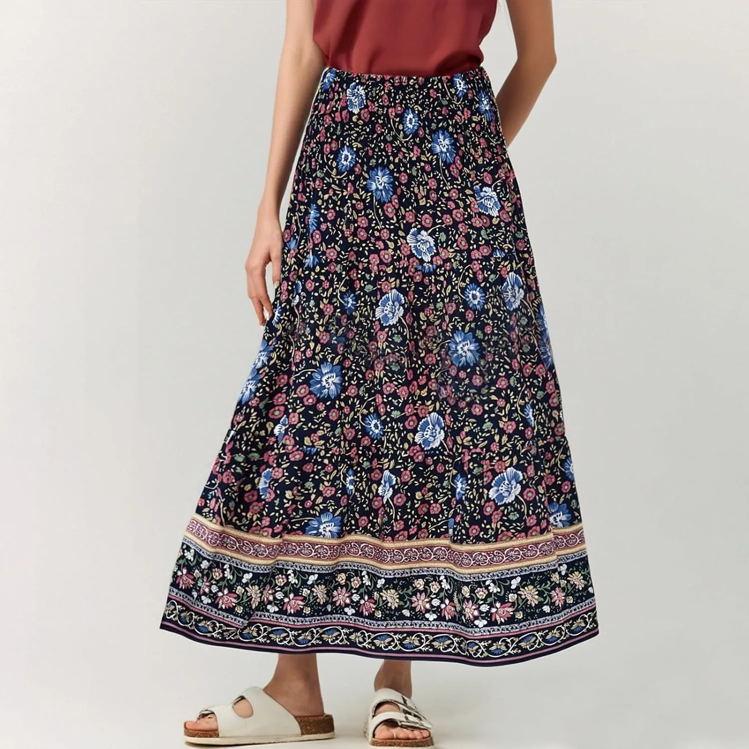 Womens Boho Maxi Skirt 2025 Summer Floral Print Flowy Long Skirts Trendy Smocked High Waisted Tiered Maxi Skirts