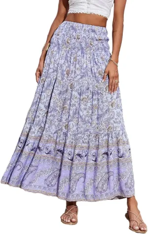 Womens Boho Maxi Skirt 2025 Summer Floral Print Flowy Long Skirts Trendy Smocked High Waisted Tiered Maxi Skirts