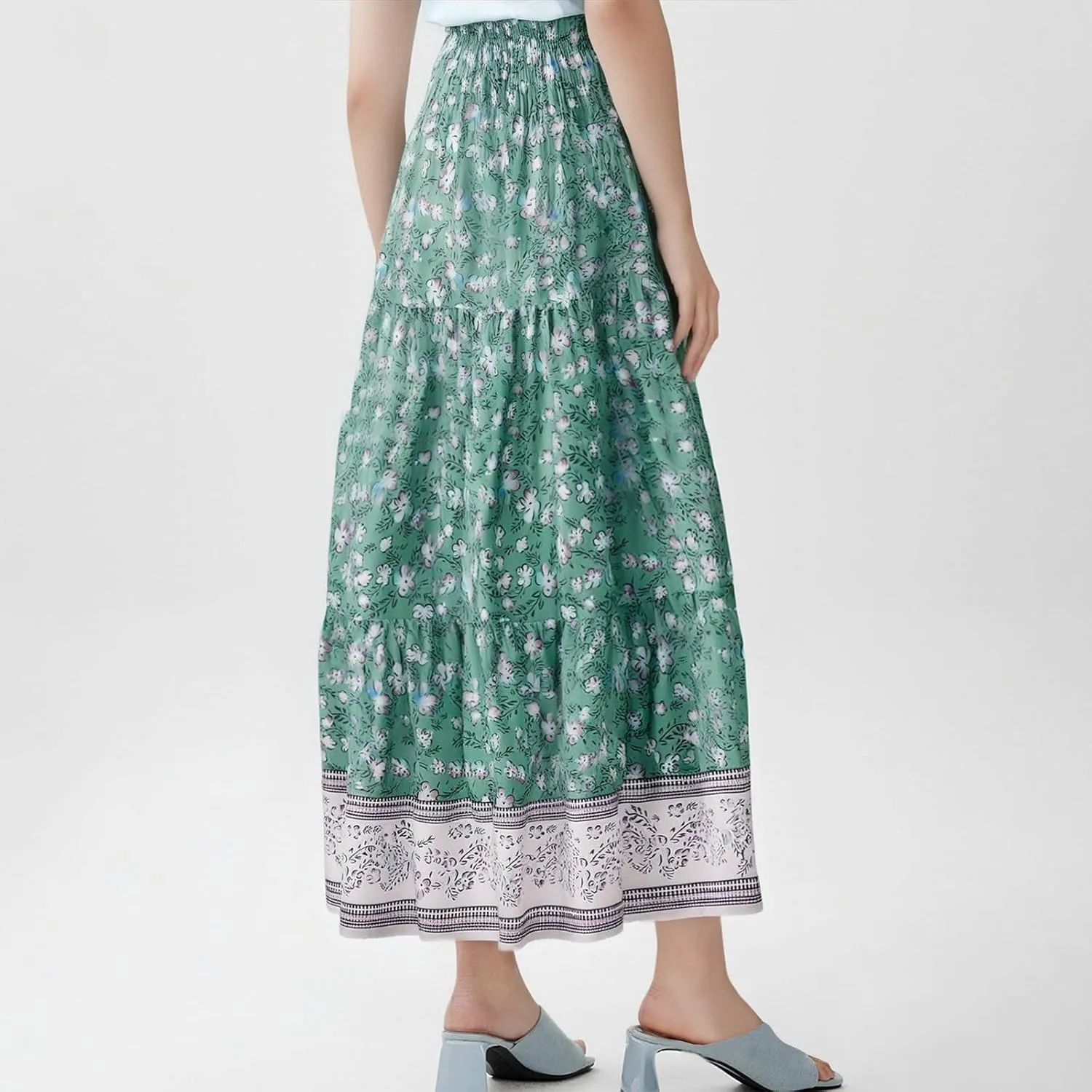 Womens Boho Maxi Skirt 2025 Summer Floral Print Flowy Long Skirts Trendy Smocked High Waisted Tiered Maxi Skirts
