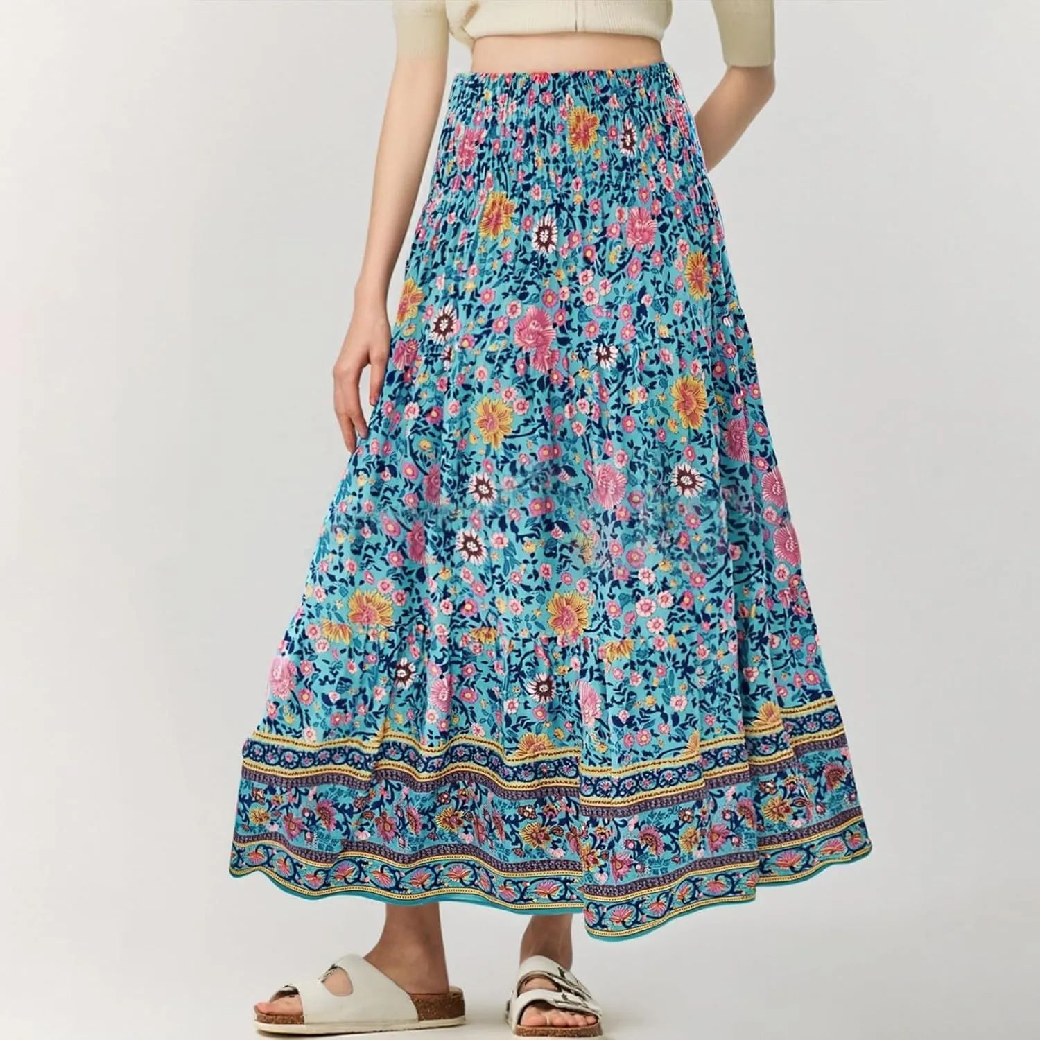 Womens Boho Maxi Skirt 2025 Summer Floral Print Flowy Long Skirts Trendy Smocked High Waisted Tiered Maxi Skirts