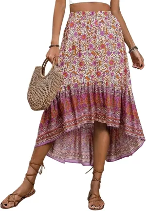 Women's Boho Print Skirt Pleated A-Line Swing Midi Skirts