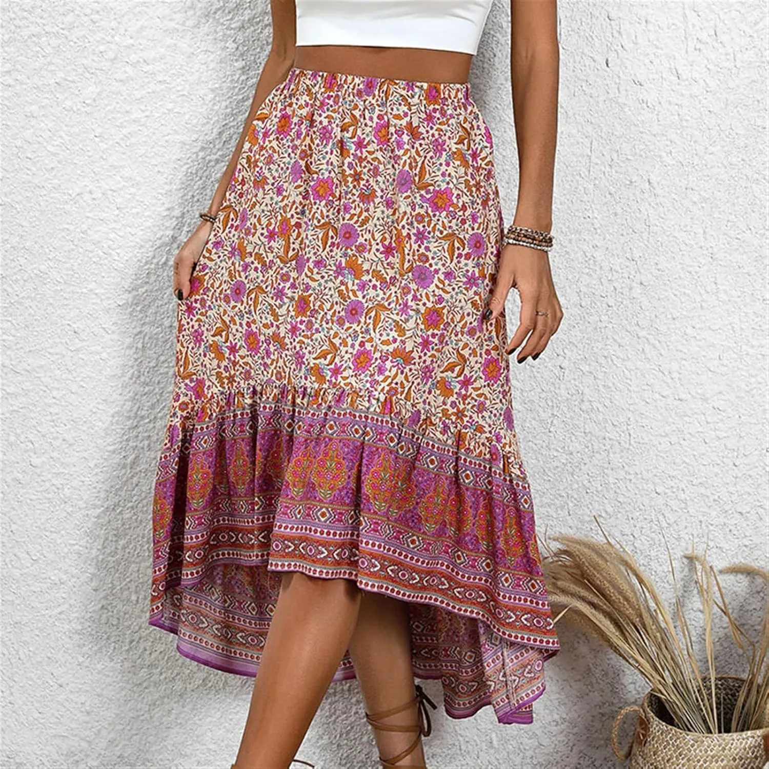 Women's Boho Print Skirt Pleated A-Line Swing Midi Skirts