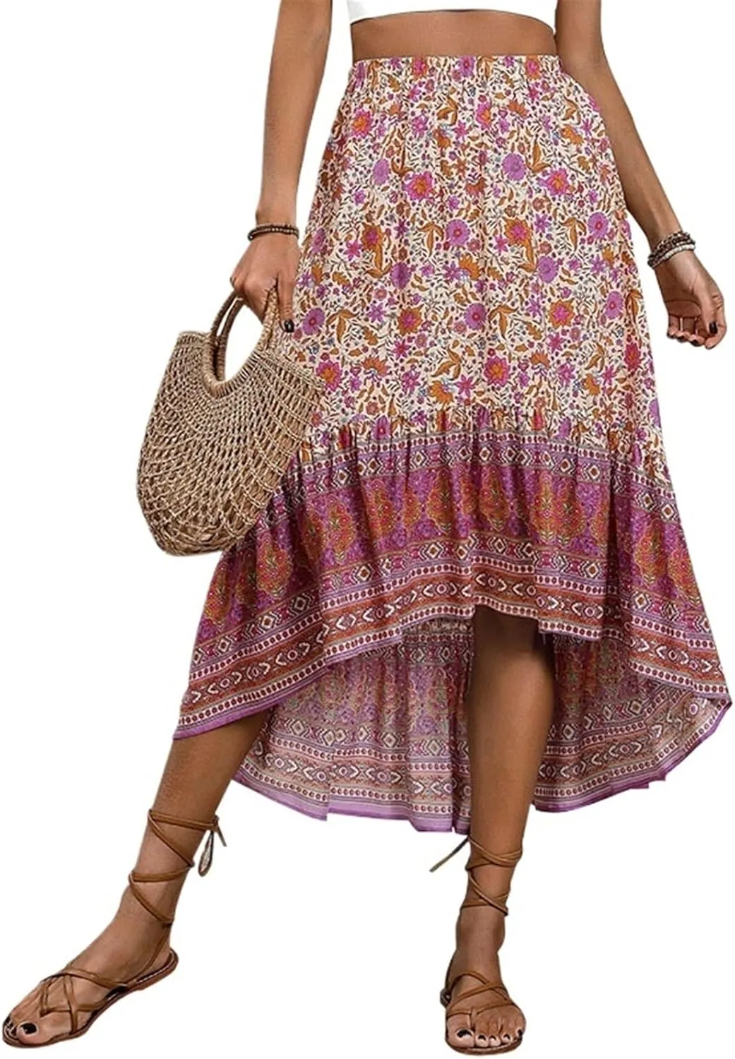 Women's Boho Print Skirt Pleated A-Line Swing Midi Skirts