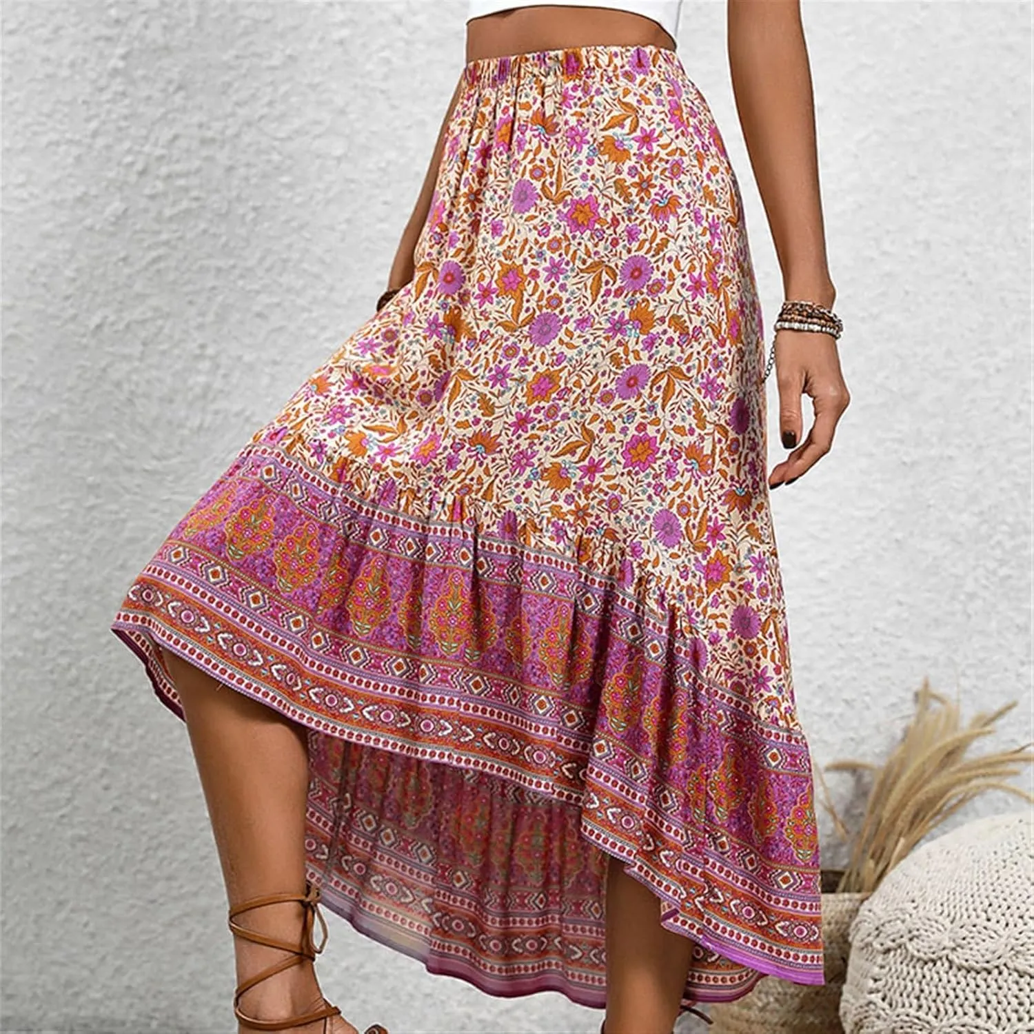 Women's Boho Print Skirt Pleated A-Line Swing Midi Skirts