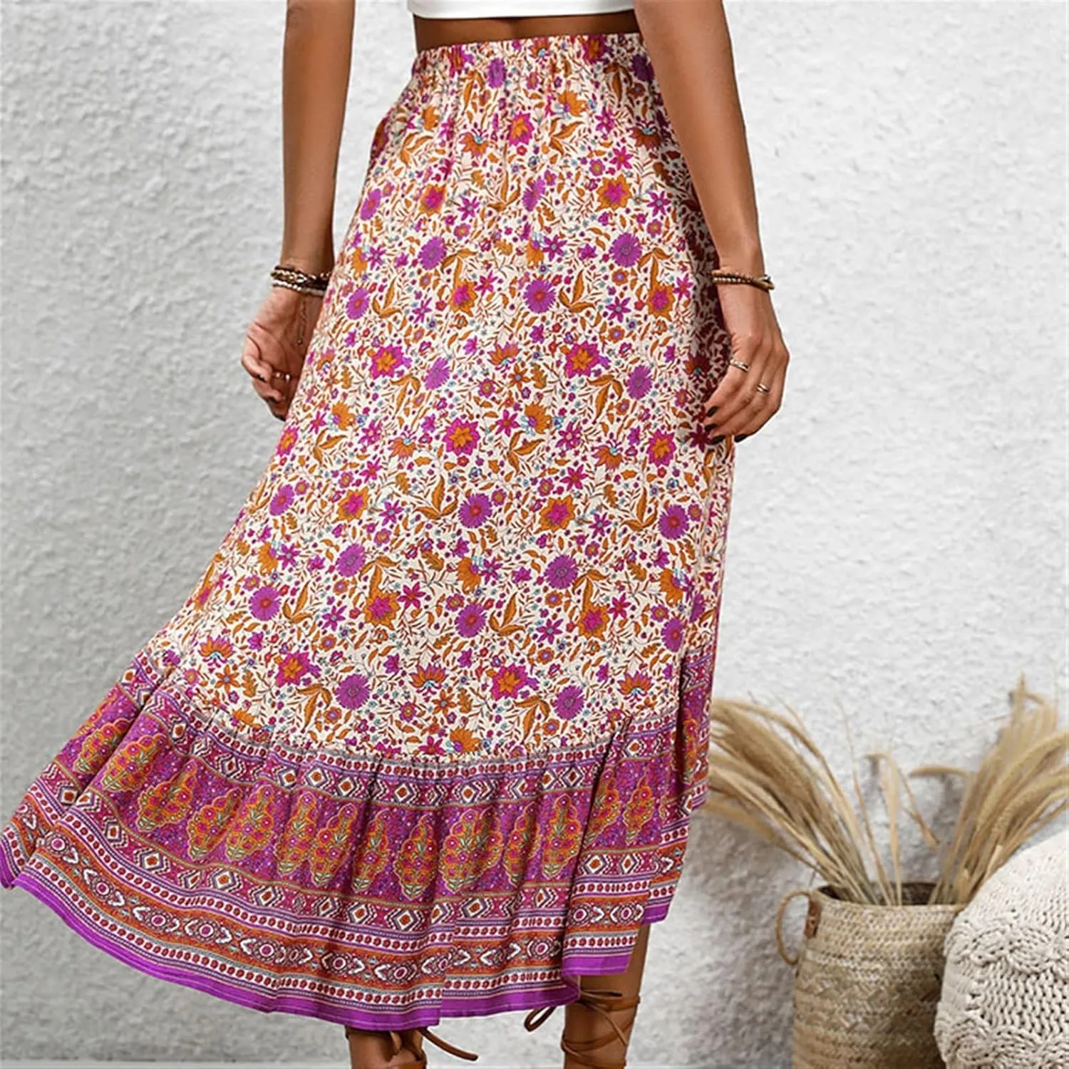 Women's Boho Print Skirt Pleated A-Line Swing Midi Skirts