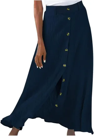 Womens Button Down Maxi Skirt Vintage Wrinkles High Waist Flowy A Line Skirts Summer Lightweight Casual Beach Skirt