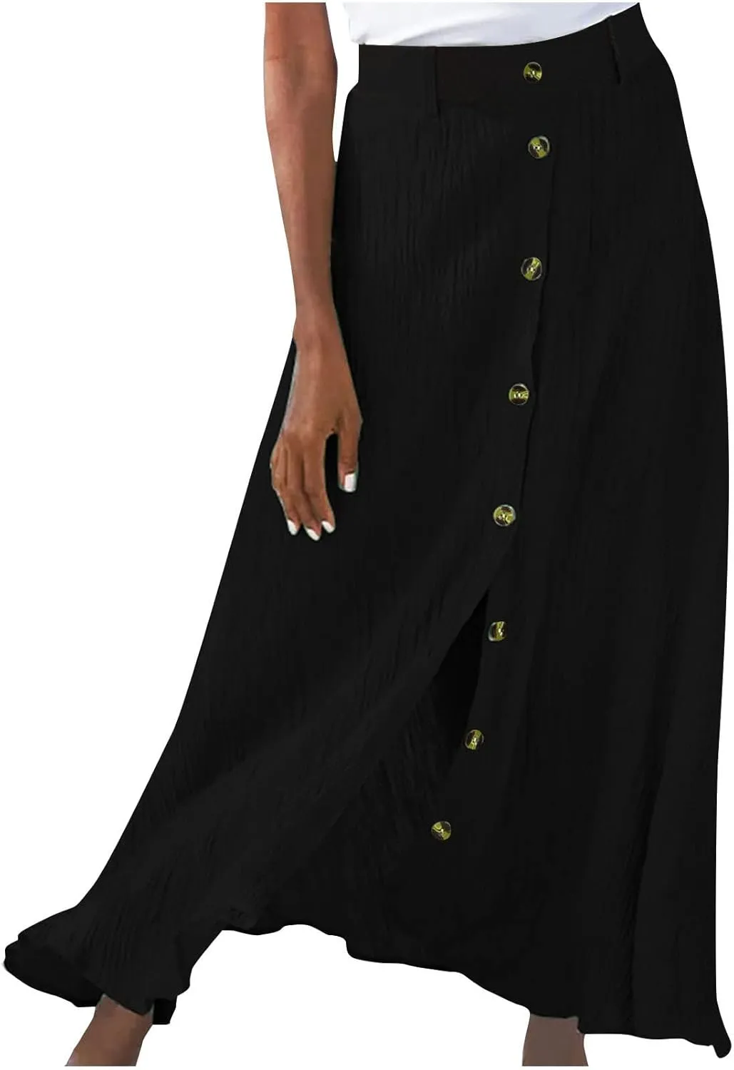 Womens Button Down Maxi Skirt Vintage Wrinkles High Waist Flowy A Line Skirts Summer Lightweight Casual Beach Skirt