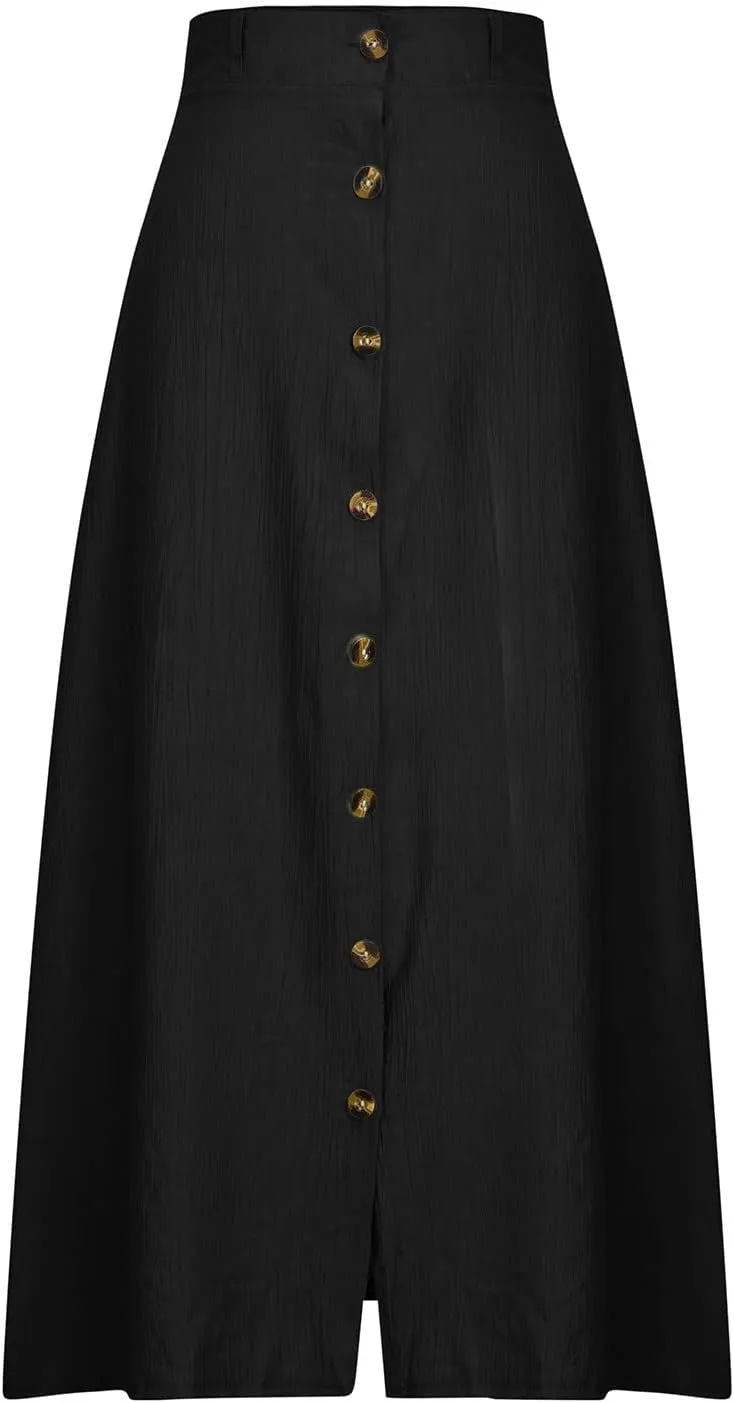 Womens Button Down Maxi Skirt Vintage Wrinkles High Waist Flowy A Line Skirts Summer Lightweight Casual Beach Skirt