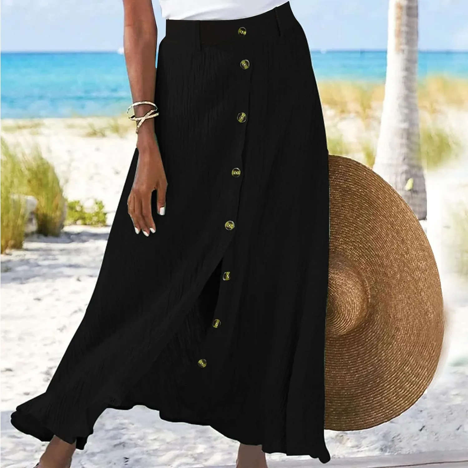 Womens Button Down Maxi Skirt Vintage Wrinkles High Waist Flowy A Line Skirts Summer Lightweight Casual Beach Skirt