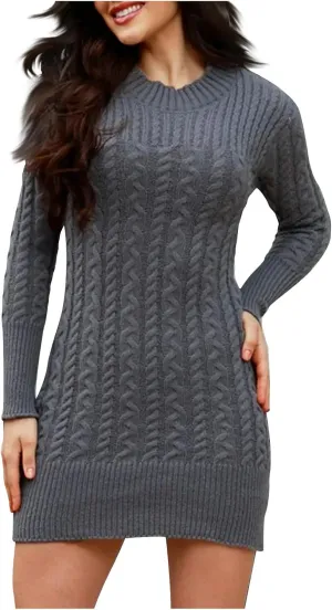 Women's Cabel Knit Bodycon Mini Dress Long Sleeve Fall Crewneck Mini Dress Cocktarl Party Pullover Sweater Dresses