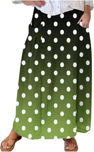 Womens Casual 2024 Printed Skirts Soft High Elastic Waisted Skirt Leisure Summer Pleated Midi Skirts with Pockets