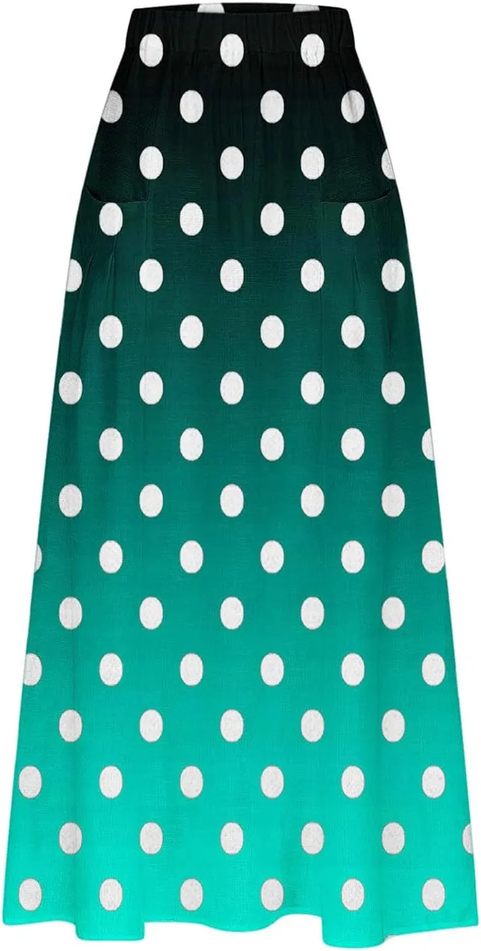 Womens Casual 2024 Printed Skirts Soft High Elastic Waisted Skirt Leisure Summer Pleated Midi Skirts with Pockets