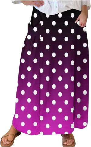 Womens Casual 2024 Printed Skirts Soft High Elastic Waisted Skirt Leisure Summer Pleated Midi Skirts with Pockets