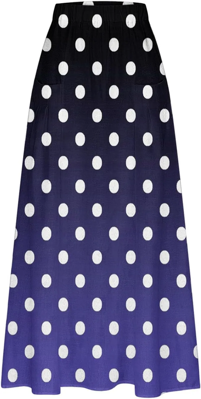 Womens Casual 2024 Printed Skirts Soft High Elastic Waisted Skirt Leisure Summer Pleated Midi Skirts with Pockets