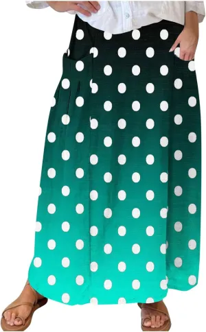 Womens Casual 2024 Printed Skirts Soft High Elastic Waisted Skirt Leisure Summer Pleated Midi Skirts with Pockets