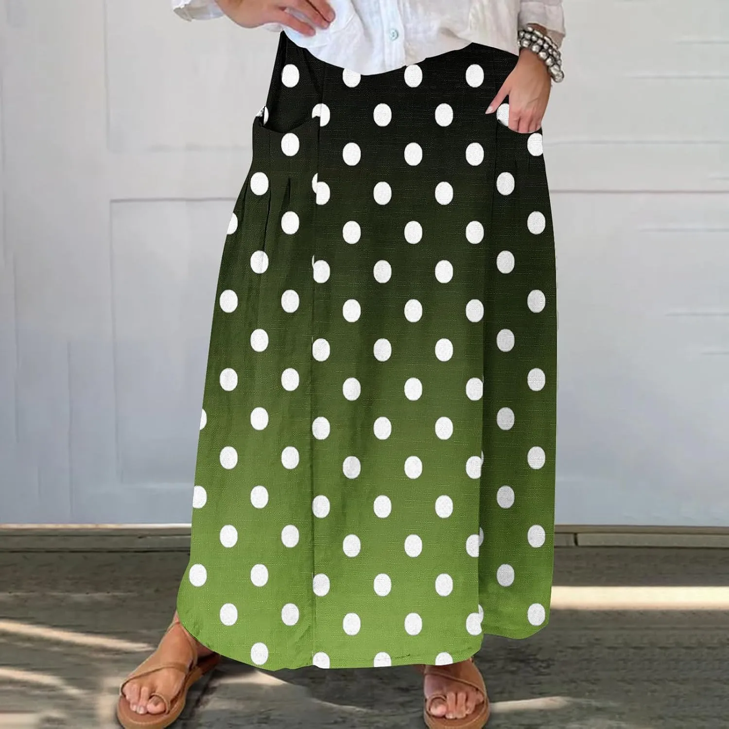 Womens Casual 2024 Printed Skirts Soft High Elastic Waisted Skirt Leisure Summer Pleated Midi Skirts with Pockets
