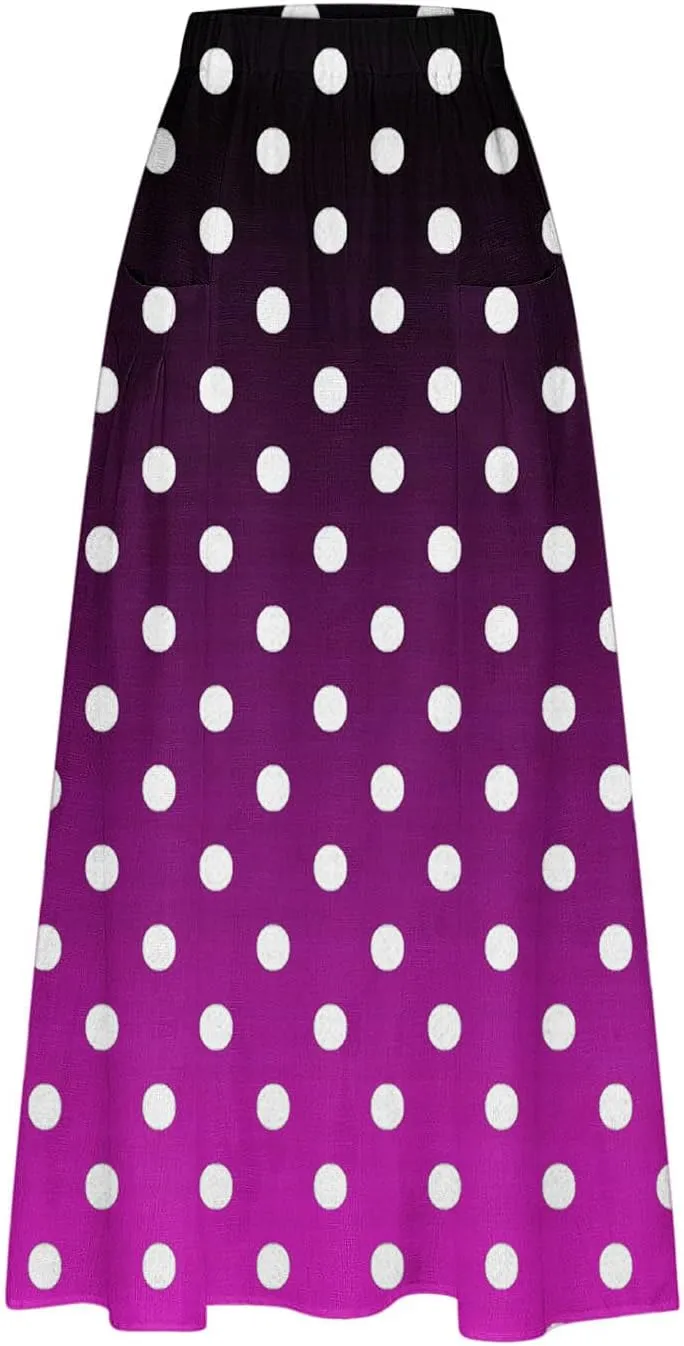 Womens Casual 2024 Printed Skirts Soft High Elastic Waisted Skirt Leisure Summer Pleated Midi Skirts with Pockets