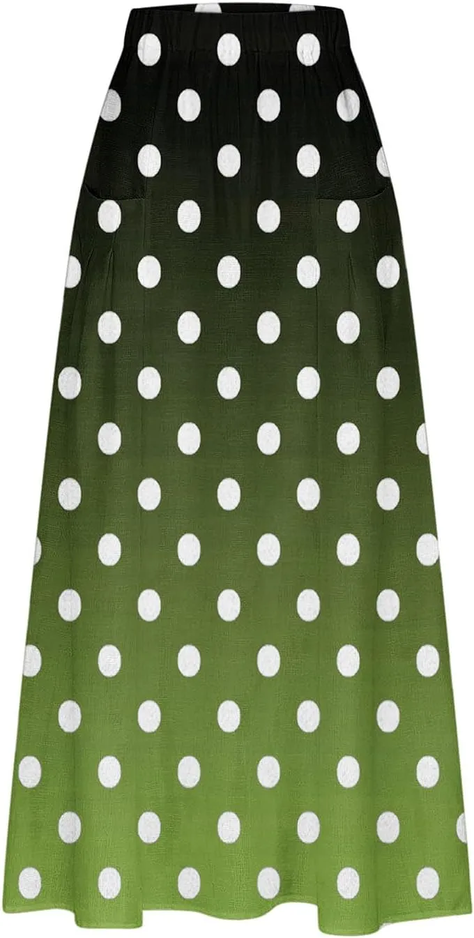 Womens Casual 2024 Printed Skirts Soft High Elastic Waisted Skirt Leisure Summer Pleated Midi Skirts with Pockets