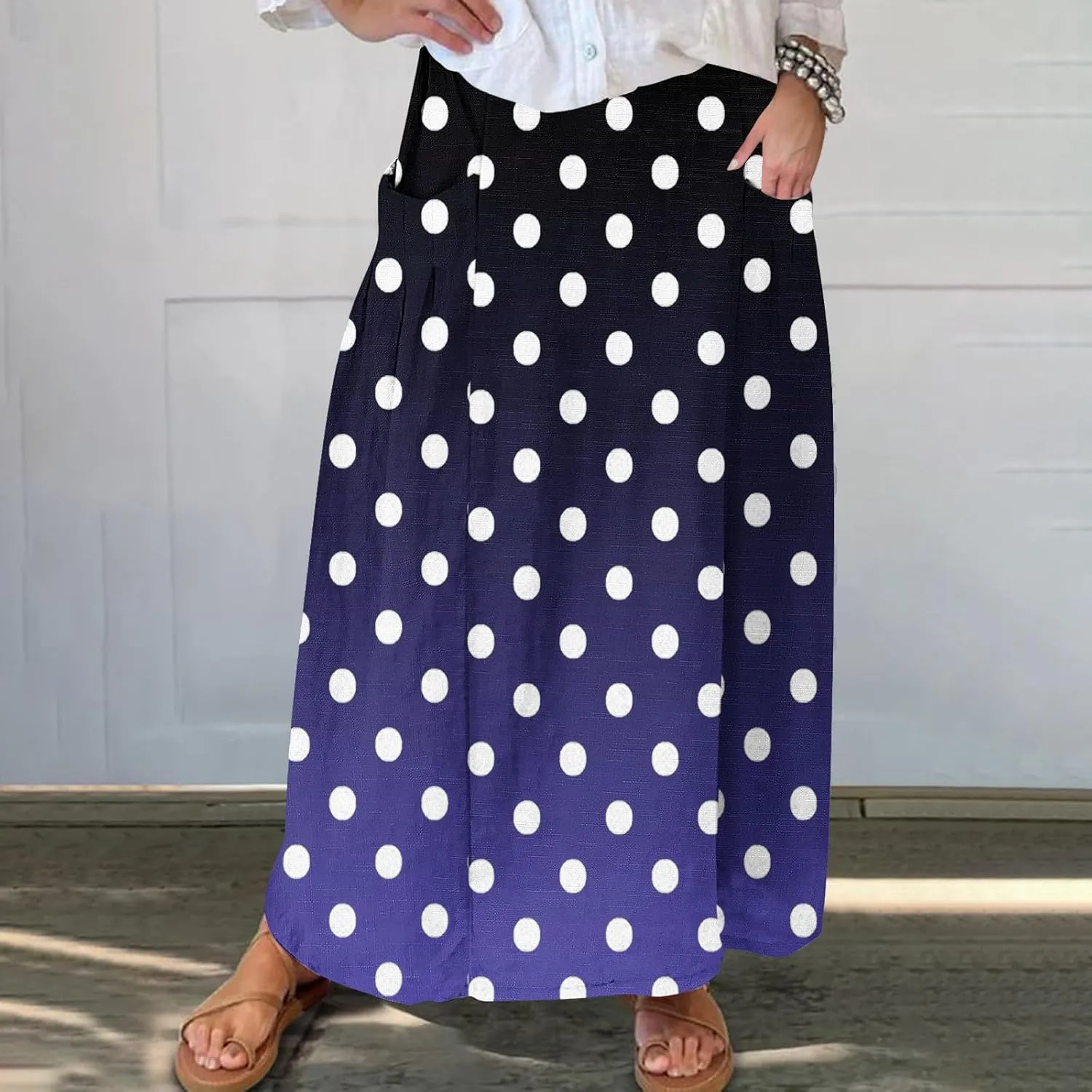 Womens Casual 2024 Printed Skirts Soft High Elastic Waisted Skirt Leisure Summer Pleated Midi Skirts with Pockets