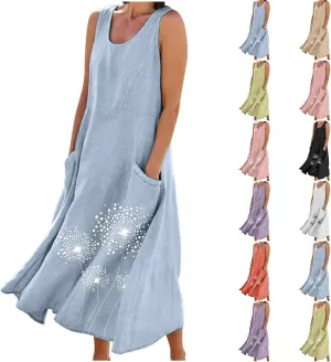 Women's Casual Cotton Linen Plus Size Dresses Summer Boho Floral Print Loose Midi Dresses Sleeveless Flowy Tank Dress