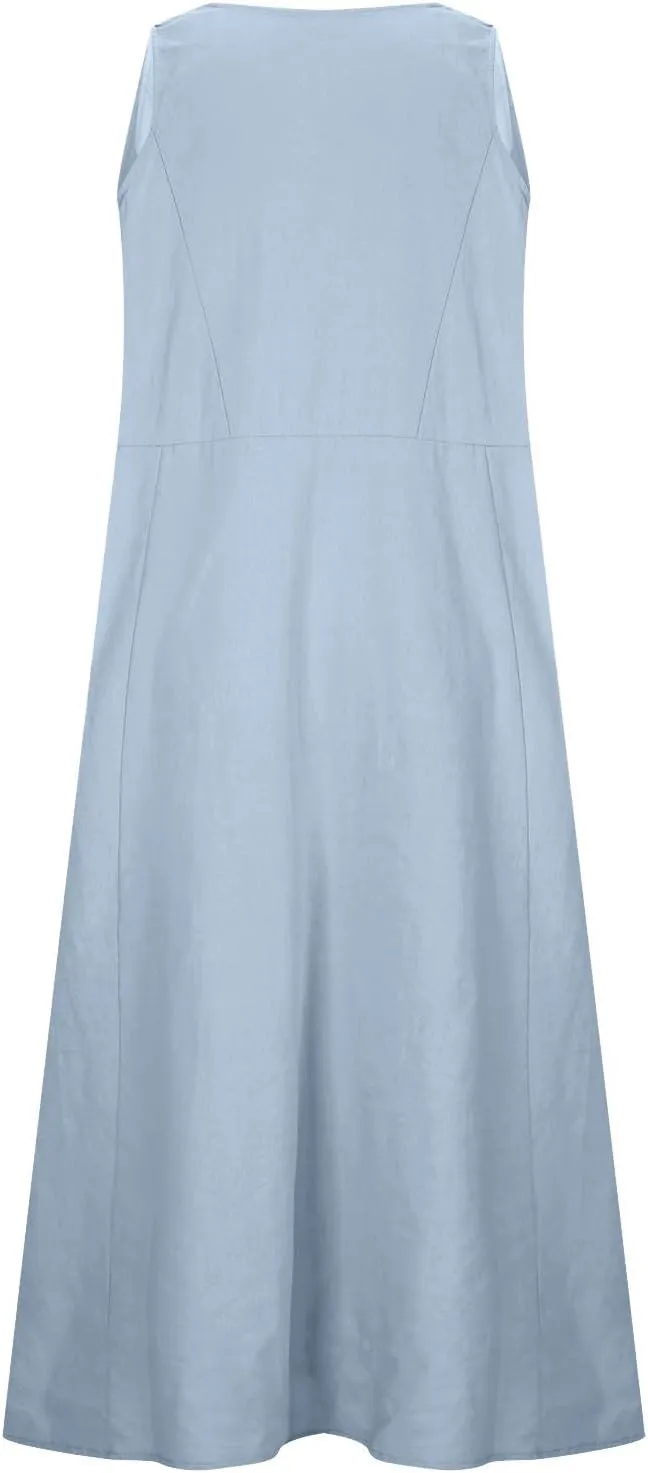Women's Casual Cotton Linen Plus Size Dresses Summer Boho Floral Print Loose Midi Dresses Sleeveless Flowy Tank Dress